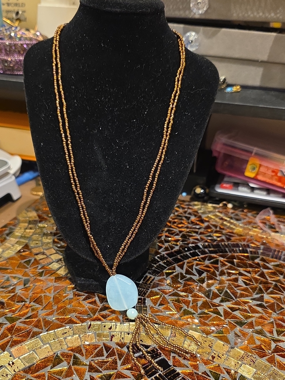 Cookie Lee Brown Beaded Necklace with Light Blue Pendant